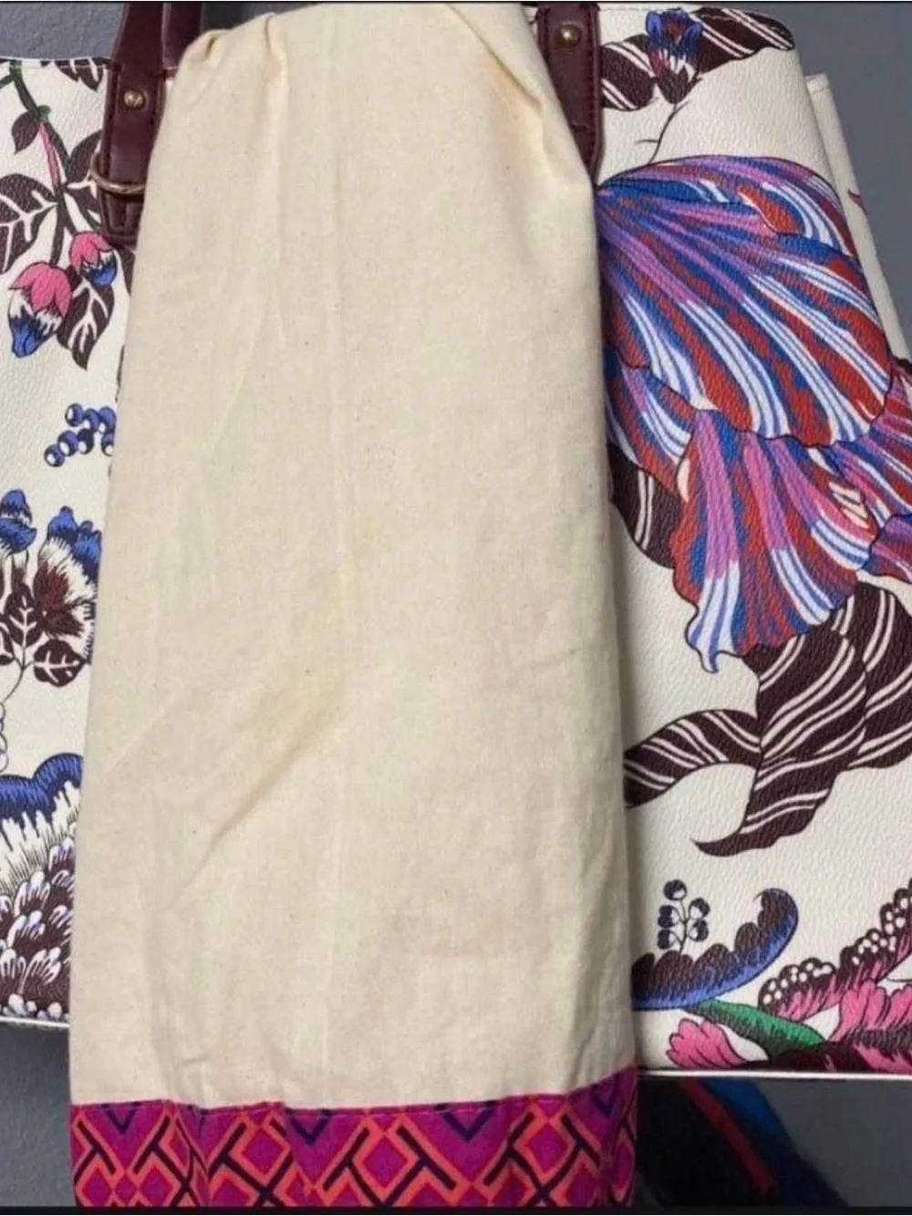 Tory Burch Floral Canvas Tote with Burgundy Handles